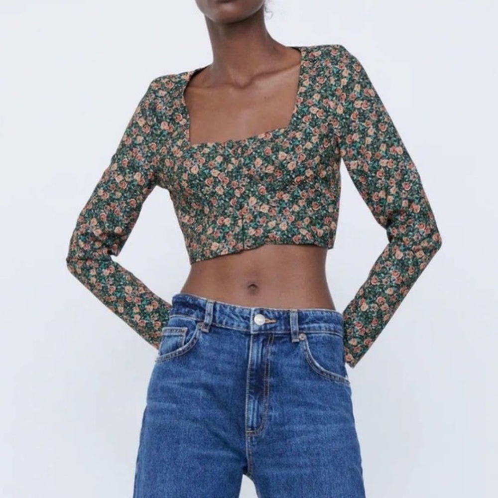 ZARA Print Crop Top Long Sleeve Rose Floral Print SMALL